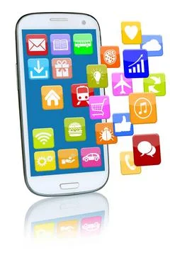 Smartphone oder Handy mit fliegenden Application Apps App Smartphone oder ... 스톡 사진