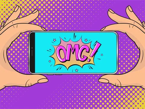 Smartphone with OMG speech bubble. Vector illustration in pop art style Stock Illustration