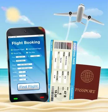 Smartphone online flight booking ticket passport Stock Illustration