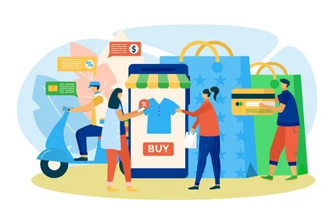 Smartphone online shop in internet, vector illustration. Woman man customer use Stock Illustration