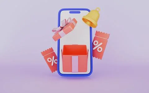 Smartphone with open gift box and coupon percentage sale promotion Illustrazione stock