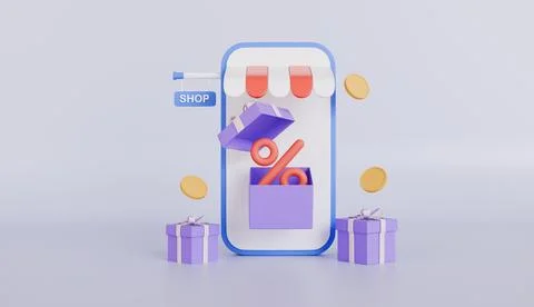 Smartphone with open gift box and falling coins, discount voucher or coupon Stock Illustration