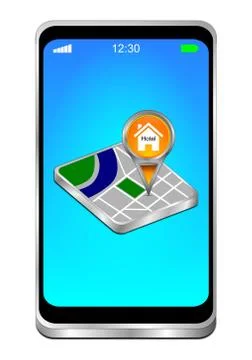 Smartphone with orange Map pointer with Hotel Symbol - 3D illustration Illustrazione stock