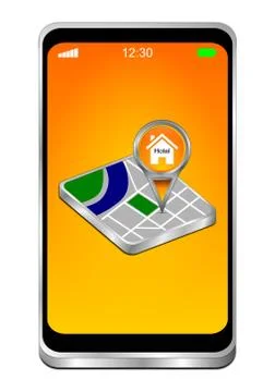 Smartphone with orange Map pointer with Hotel Symbol - 3D illustration Ilustración de archivo