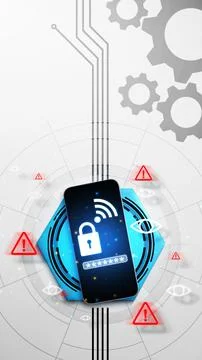 A smartphone with a padlock and password screen, surrounded by security war.. Stock Photos