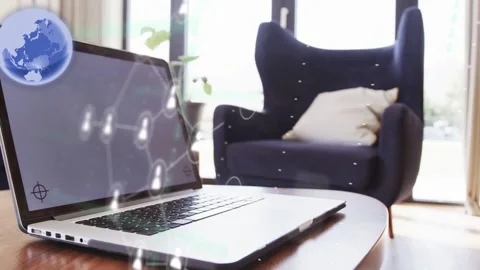 Smartphone panel sliding down, open laptop showing nodes connecting and Stock Footage 335465858