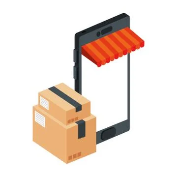 Smartphone with parasol store and boxes packages Illustration