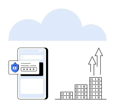 Smartphone with password security, cloud icon, bar graph growth, and upward a Stock Illustration