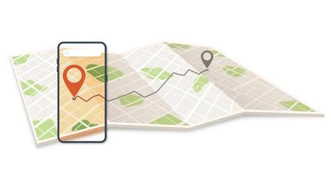 Smartphone with pin marker on paper map of city. Folded location map with marker Stock Illustration