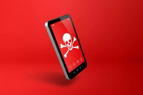 Smartphone with a pirate symbol on screen. Hacking and virus concept Stock-Illustration