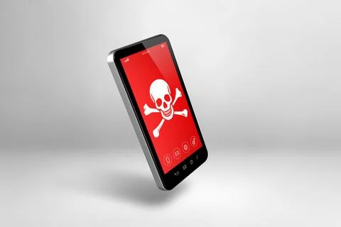 Smartphone with a pirate symbol on screen. Hacking and virus concept Stock-Illustration