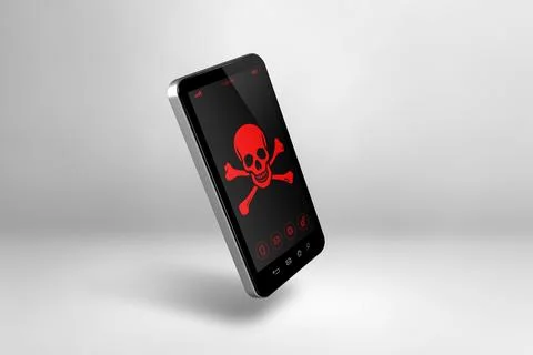 Smartphone with a pirate symbol on screen. Hacking and virus concept Stock-Illustration