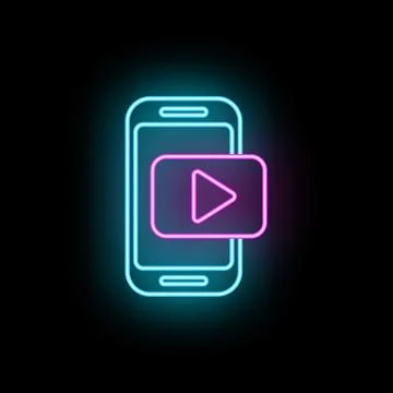 Smartphone playing media content with neon video icon Stock Illustration