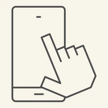 Smartphone with pointing hand thin line icon. Touch screen vector illustration Stock Illustration