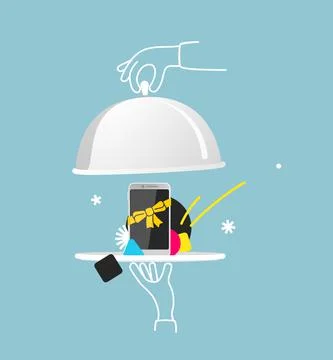 Smartphone presentation of the gift. Stylized as the chef restaurant cloche. Stock Illustration