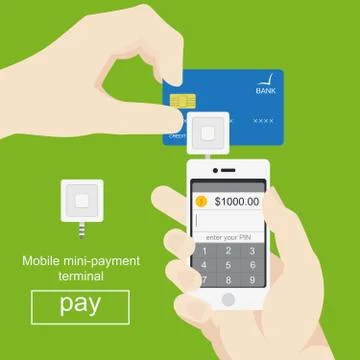 Smartphone with processing of mobile payments from credit card. Vector in flat Stock Illustration