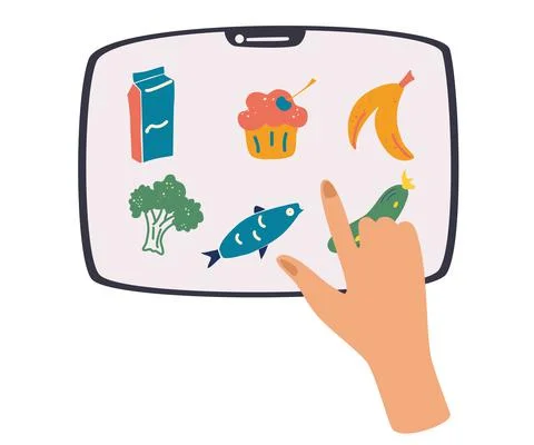 Smartphone with product ordering app on screen, hand holding a tablet. Person Stock Illustration