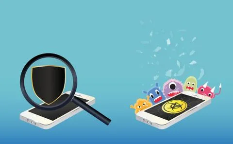 Smartphone with protected shield and broken smartphone with computer virus Stock Illustration