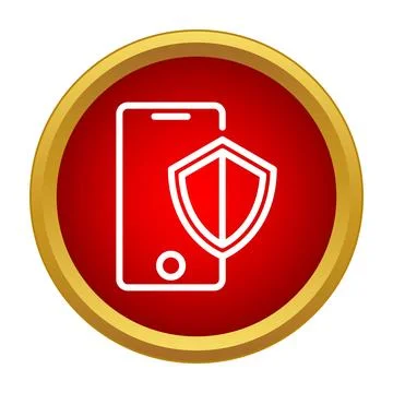 Smartphone protecting with shield icon on red button Stock Illustration