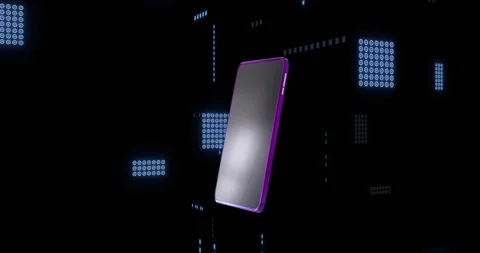 Smartphone with purple frame floating over digital data and binary code Stock Footage 306507871