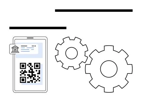 Smartphone with QR Code and Bank Notification Icon, Accompanied by Two Gear.. Stockillustratie