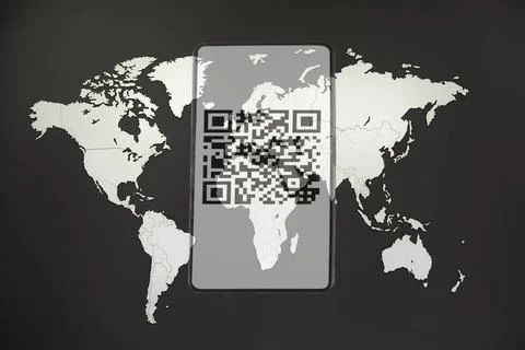 Smartphone with qr code on the background of the world map 스톡 일러스트