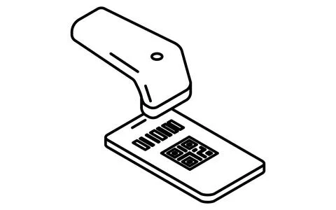 Smartphone with QR code payment and barcode reader simple line drawing icon.. Illustrazione stock