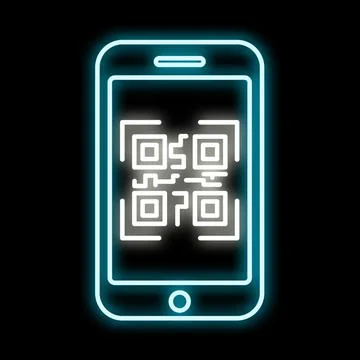 Smartphone with qr code scanning in neon light 스톡 일러스트
