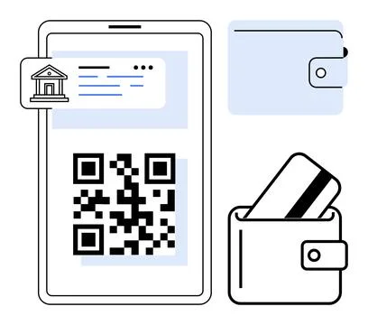 Smartphone QR code on screen with bank notification, digital wallet icon, and Stock Illustration