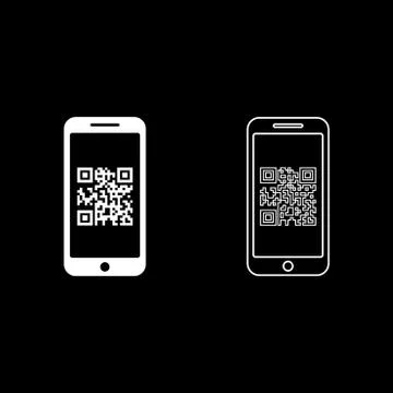 Smartphone with QR code on screen icon outline set white color vector illustr Illustrazione stock