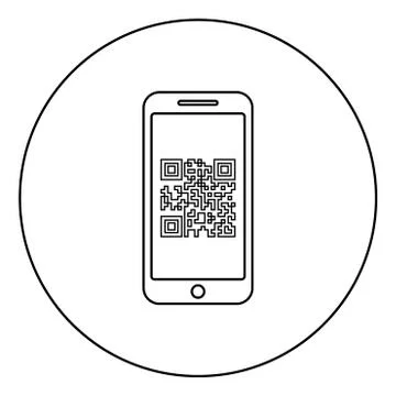 Smartphone with QR code on screen icon in circle round outline black color ve Stock Illustration