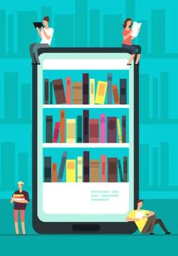 Smartphone with reader app and people reading books. Online book store, library Stock Illustration