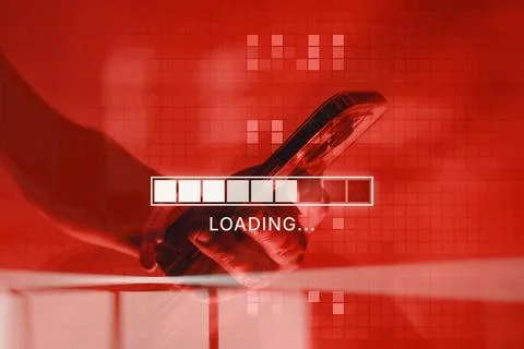 Smartphone on a red background with a loading indicator symbolizes a cyber .. Stock Photos