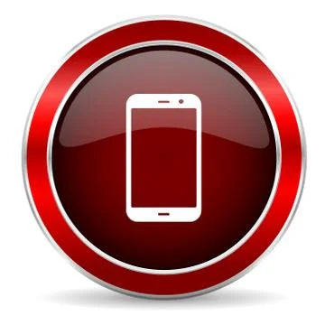 Smartphone red circle glossy web icon, round button with metallic border Stock Illustration