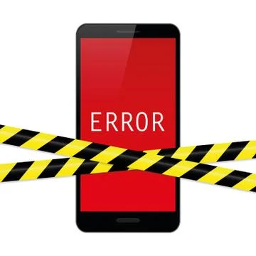 Smartphone with red error display and warning tape 스톡 일러스트