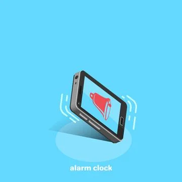 Smartphone with a ringing alarm clock on a blue background, isometric image Stock Illustration