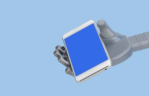 Smartphone in the robots hand. artificial intelligence and cell phone. Stock Illustration