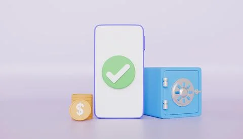 Smartphone with safe box and falling coins, successful money transfer, bank Stock Illustration