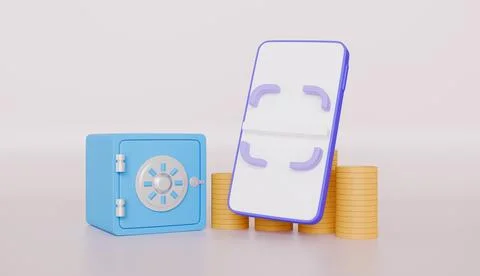 Smartphone with safe box and falling coins, successful money transfer, coin Stock Illustration
