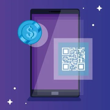 Smartphone with scan code qr and coin 库存插图