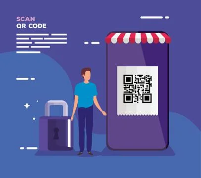 Smartphone scan code qr with business man and padlock Stock Illustration
