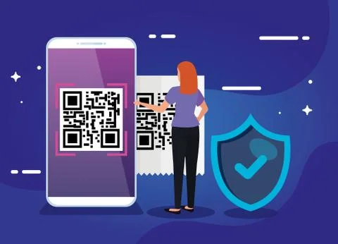 Smartphone scan code qr with business woman and shield Illustrazione stock