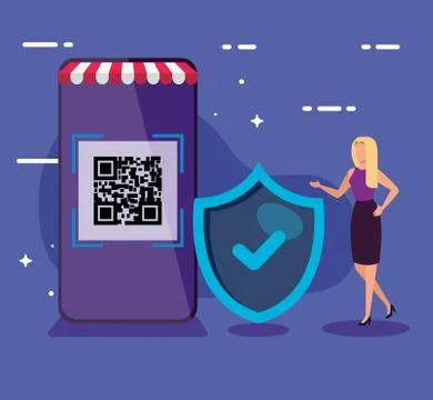 Smartphone scan code qr with business woman and shield Stock Illustration