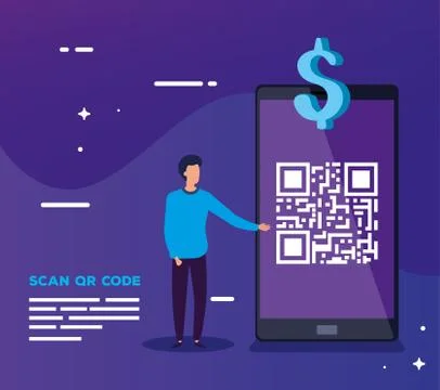 Smartphone scan code qr with business man and symbol dollar Stock Illustration