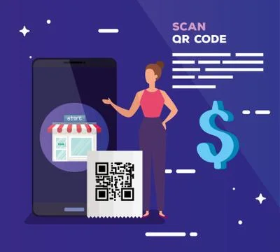 Smartphone scan qr code with business woman and icons 스톡 일러스트