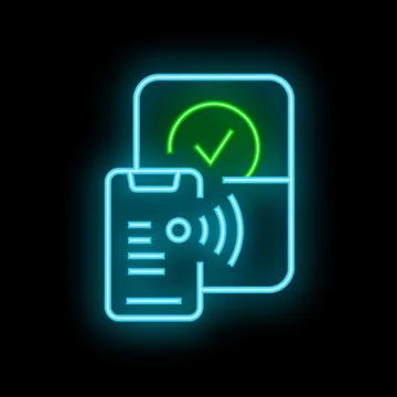 Smartphone scanning qr code with check mark neon sign on black background Stockillustratie