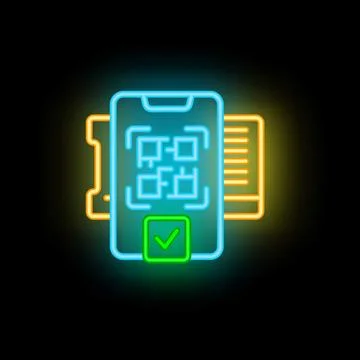 Smartphone scanning qr code with checkmark in neon style Stock Illustration