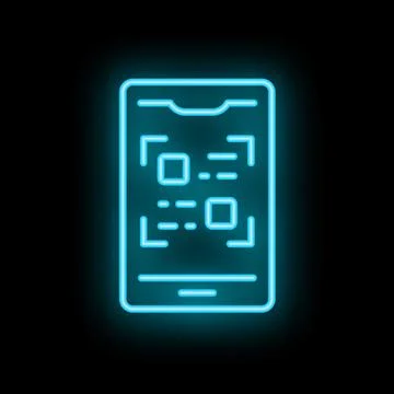 Smartphone scanning qr code with neon light effect on black background Illustrazione stock