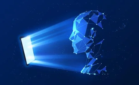 The smartphone scans a persons face, forming a polygonal mesh, vector biometric Stock Illustration