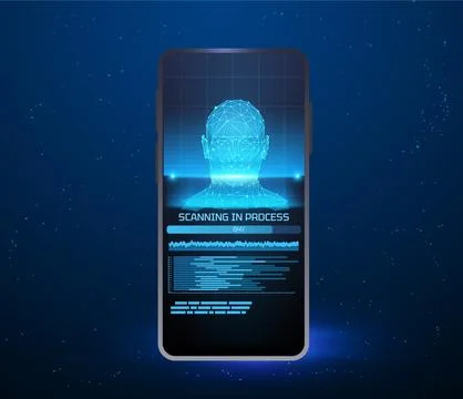 The smartphone scans a persons face, forming a polygonal mesh, biometric Stock Illustration